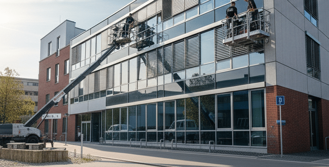 Sonnenschutz & Jalousien Reparatur | Görres – Partner der Bundeswehr 2 Arbeiten an der Fassade mit Hubarbeitsbühne