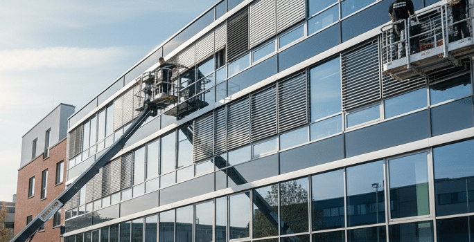 Sonnenschutz & Jalousien Reparatur | Görres – Partner der Bundeswehr 3 Außenjalousien an einem Verwaltungsgebäude